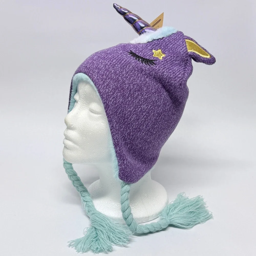 James Paul Youth Purple Unicorn Beanie Hat and Mitten Set Faux Fur Lined NWT